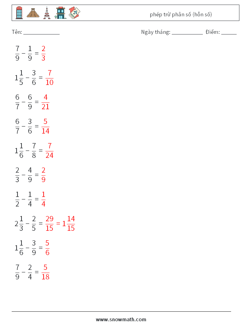 (10) phép trừ phân số (hỗn số) Bảng tính toán học 10 Câu hỏi, câu trả lời
