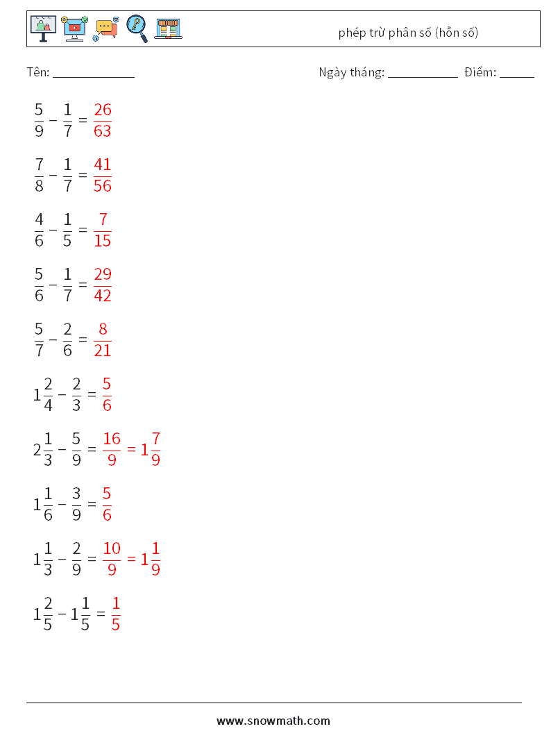 (10) phép trừ phân số (hỗn số) Bảng tính toán học 11 Câu hỏi, câu trả lời