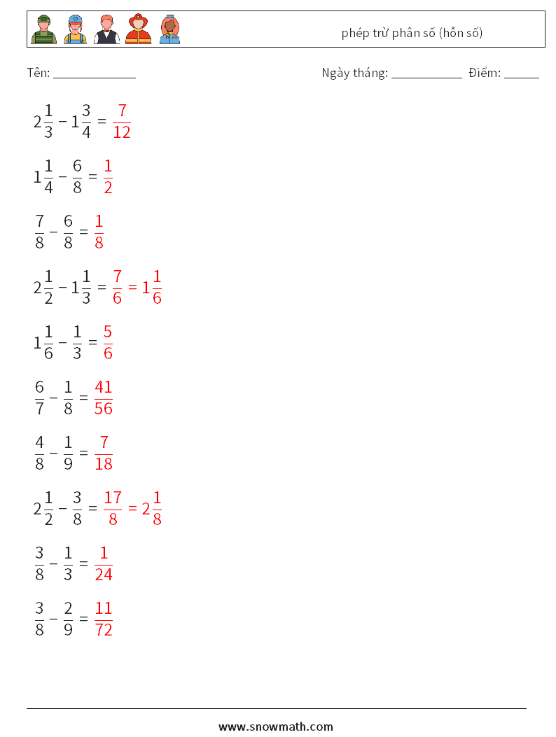 (10) phép trừ phân số (hỗn số) Bảng tính toán học 12 Câu hỏi, câu trả lời