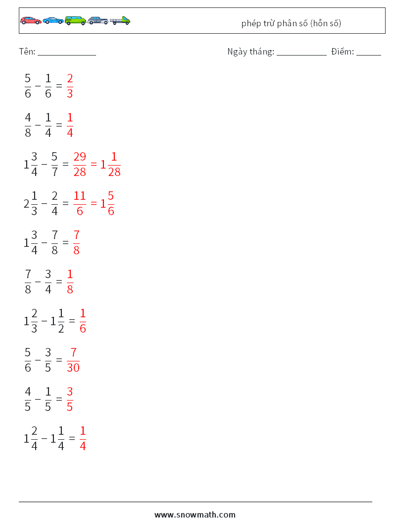 (10) phép trừ phân số (hỗn số) Bảng tính toán học 13 Câu hỏi, câu trả lời