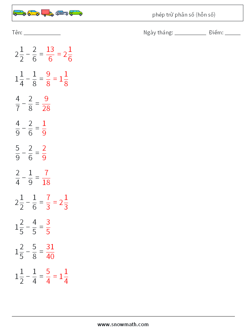 (10) phép trừ phân số (hỗn số) Bảng tính toán học 14 Câu hỏi, câu trả lời