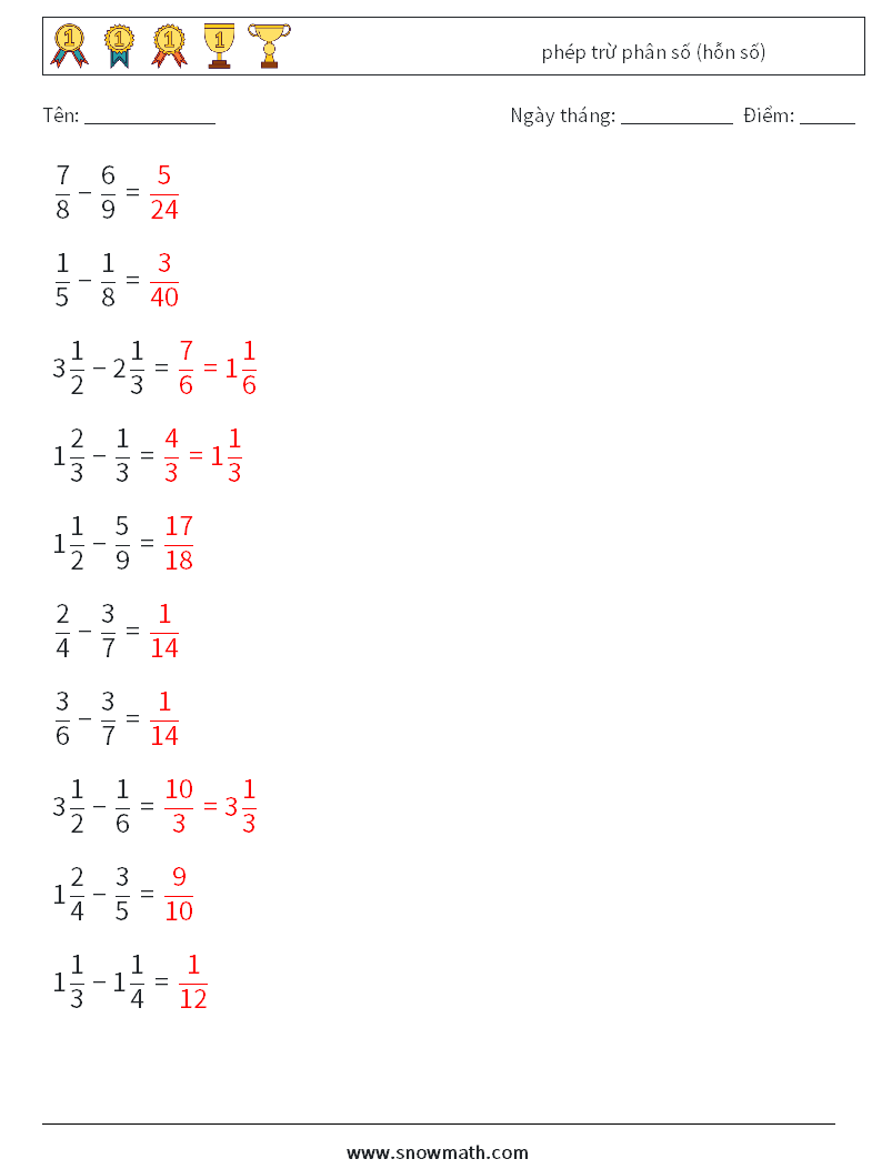(10) phép trừ phân số (hỗn số) Bảng tính toán học 15 Câu hỏi, câu trả lời