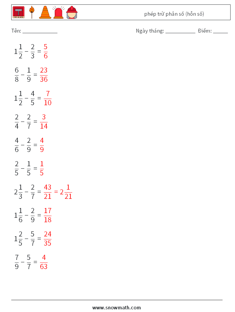 (10) phép trừ phân số (hỗn số) Bảng tính toán học 16 Câu hỏi, câu trả lời