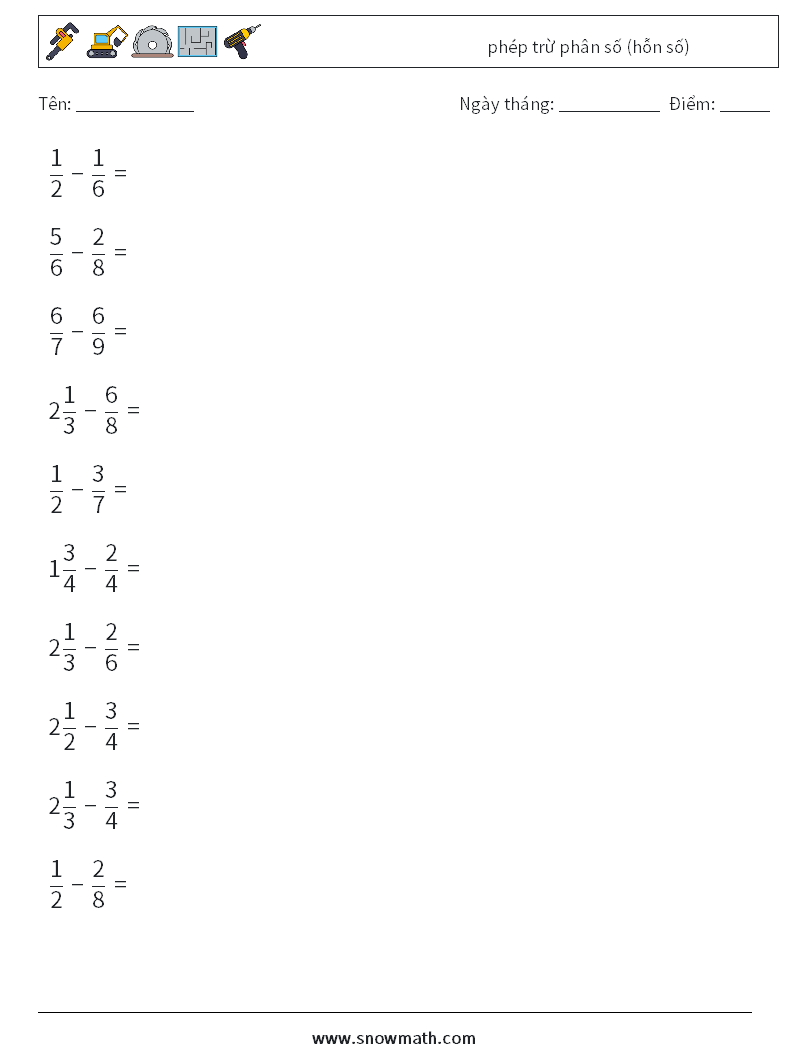 (10) phép trừ phân số (hỗn số) Bảng tính toán học 17