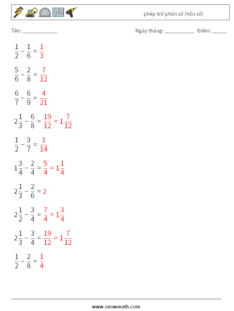 (10) phép trừ phân số (hỗn số) Bảng tính toán học 17 Câu hỏi, câu trả lời