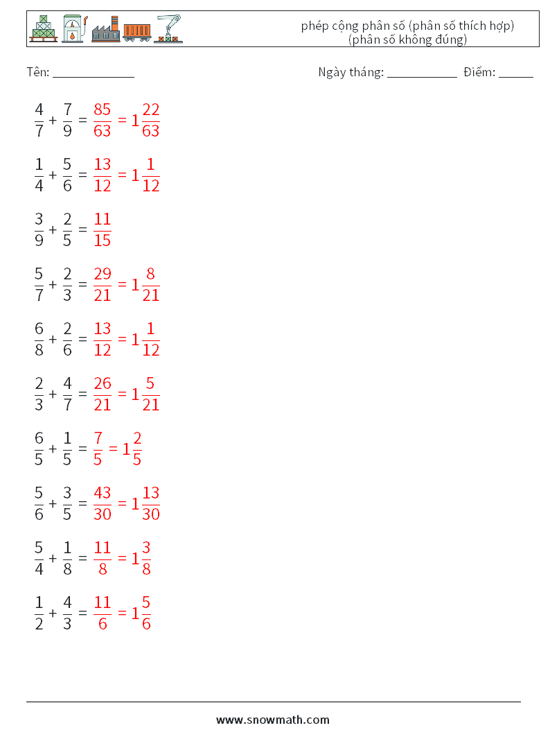 (10) phép cộng phân số (phân số thích hợp) (phân số không đúng) Bảng tính toán học 11 Câu hỏi, câu trả lời
