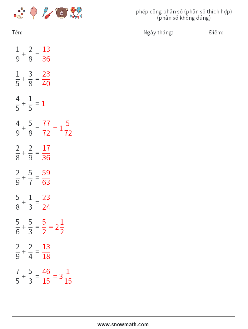 (10) phép cộng phân số (phân số thích hợp) (phân số không đúng) Bảng tính toán học 13 Câu hỏi, câu trả lời
