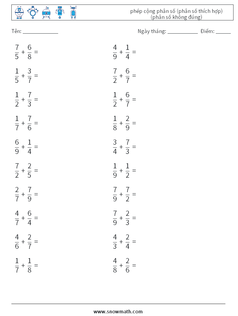 (20) phép cộng phân số (phân số thích hợp) (phân số không đúng) Bảng tính toán học 10