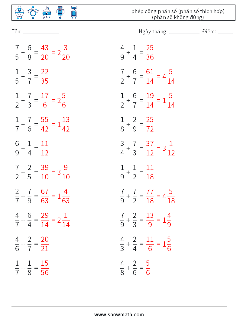 (20) phép cộng phân số (phân số thích hợp) (phân số không đúng) Bảng tính toán học 10 Câu hỏi, câu trả lời