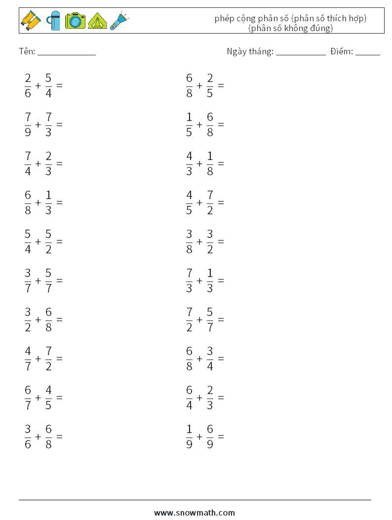 (20) phép cộng phân số (phân số thích hợp) (phân số không đúng) Bảng tính toán học 11