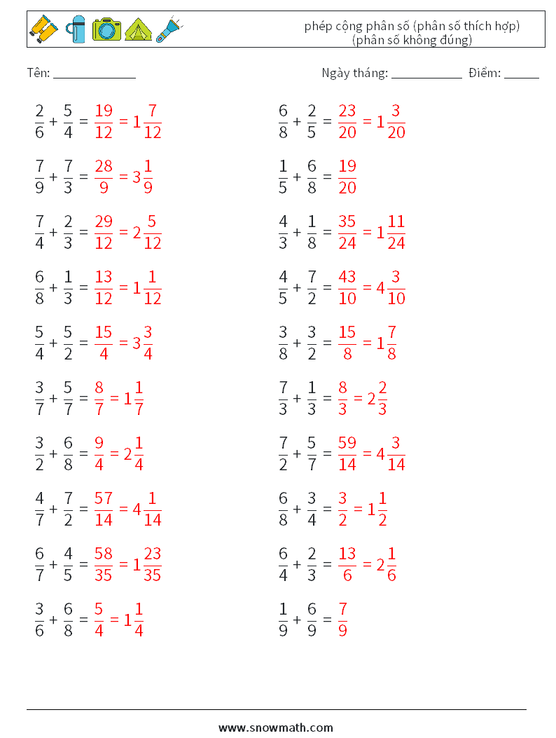 (20) phép cộng phân số (phân số thích hợp) (phân số không đúng) Bảng tính toán học 11 Câu hỏi, câu trả lời