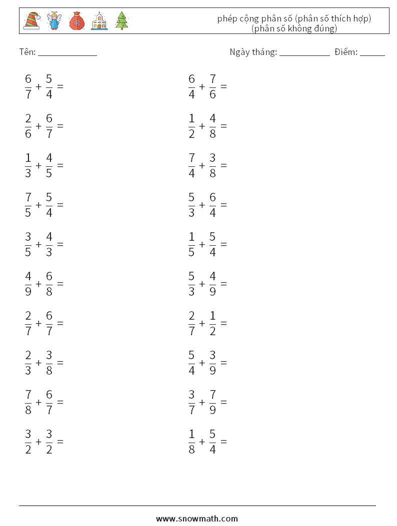 (20) phép cộng phân số (phân số thích hợp) (phân số không đúng) Bảng tính toán học 12