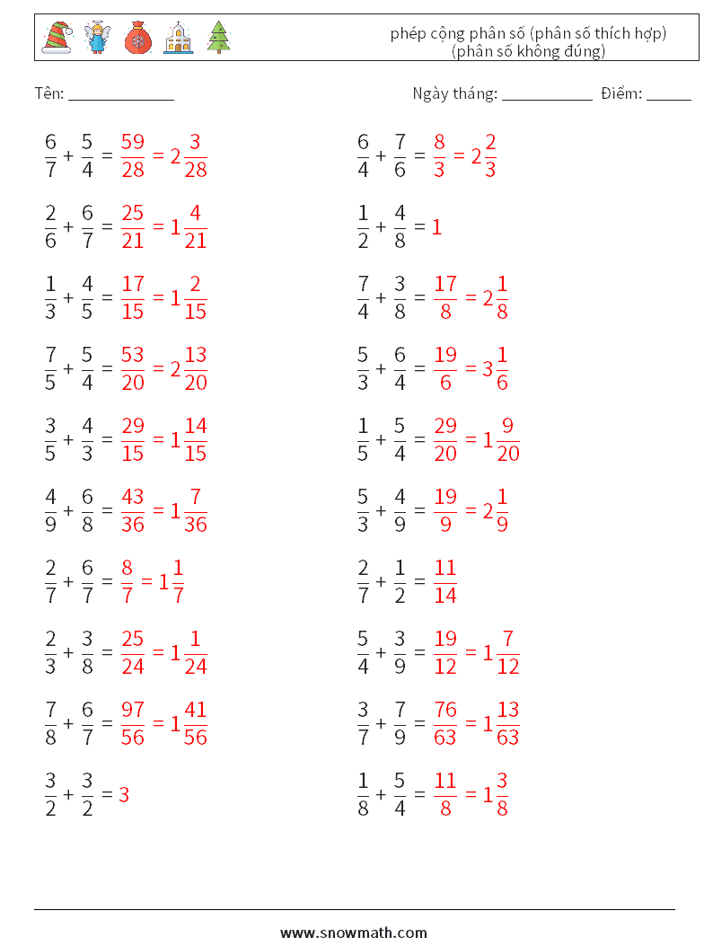 (20) phép cộng phân số (phân số thích hợp) (phân số không đúng) Bảng tính toán học 12 Câu hỏi, câu trả lời