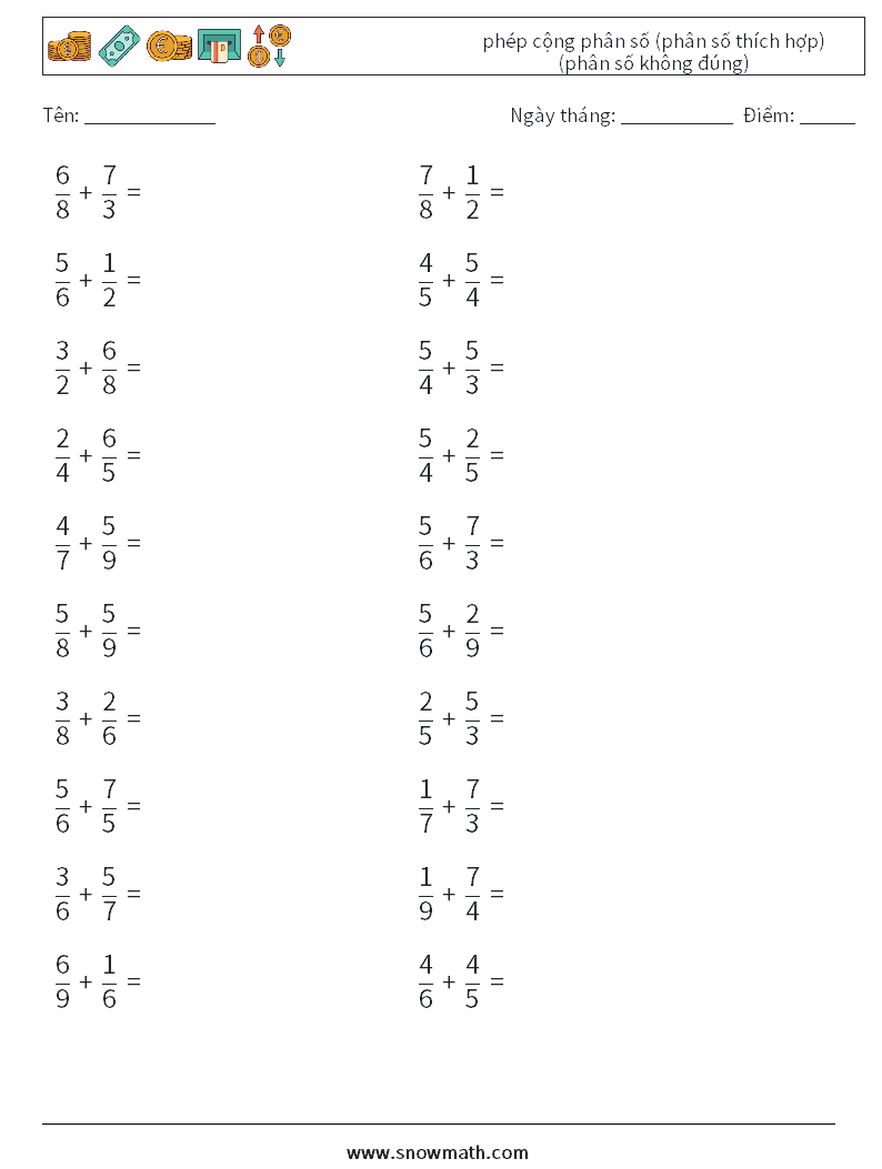 (20) phép cộng phân số (phân số thích hợp) (phân số không đúng) Bảng tính toán học 13