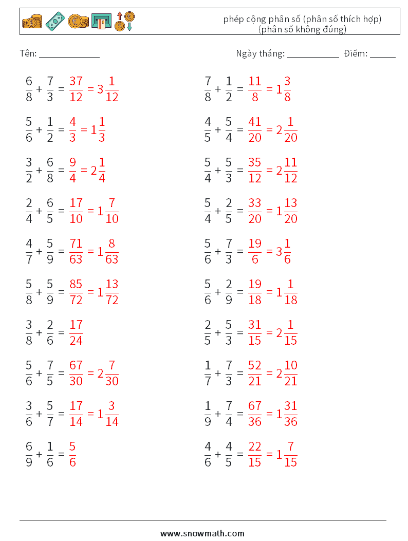 (20) phép cộng phân số (phân số thích hợp) (phân số không đúng) Bảng tính toán học 13 Câu hỏi, câu trả lời