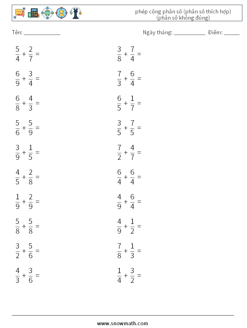 (20) phép cộng phân số (phân số thích hợp) (phân số không đúng) Bảng tính toán học 14