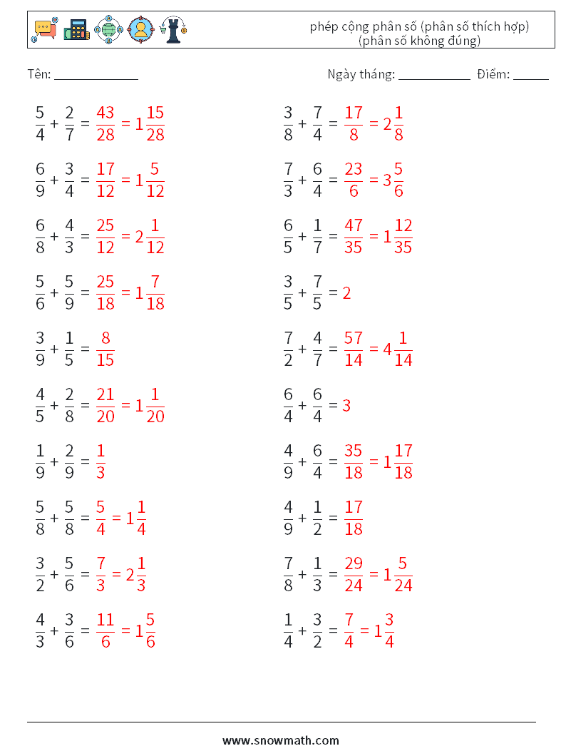 (20) phép cộng phân số (phân số thích hợp) (phân số không đúng) Bảng tính toán học 14 Câu hỏi, câu trả lời