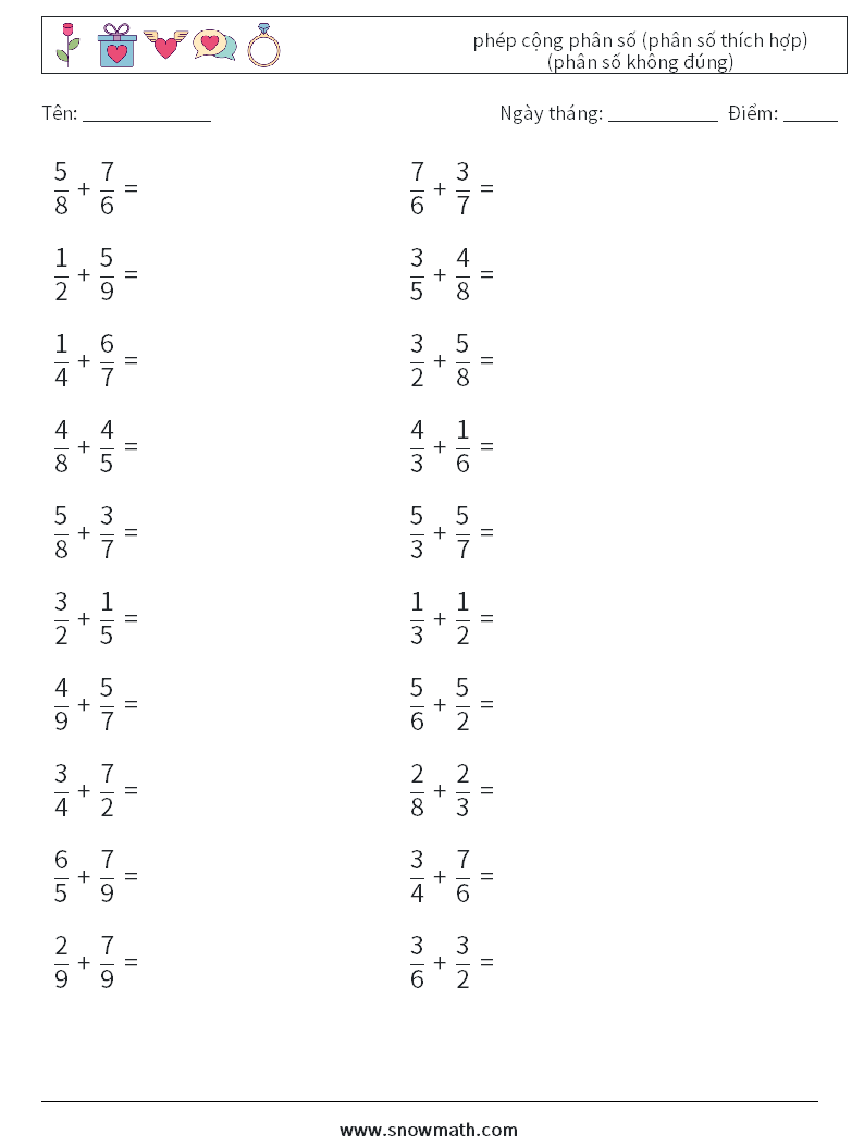 (20) phép cộng phân số (phân số thích hợp) (phân số không đúng) Bảng tính toán học 15