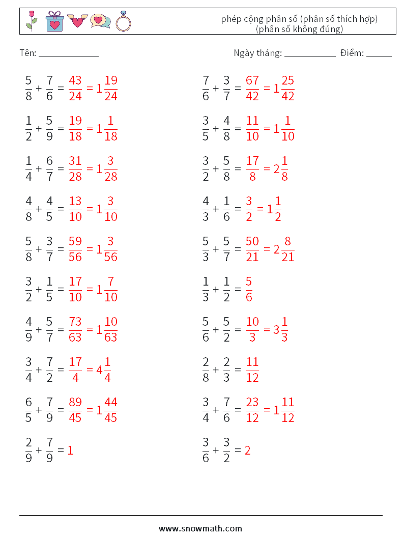 (20) phép cộng phân số (phân số thích hợp) (phân số không đúng) Bảng tính toán học 15 Câu hỏi, câu trả lời