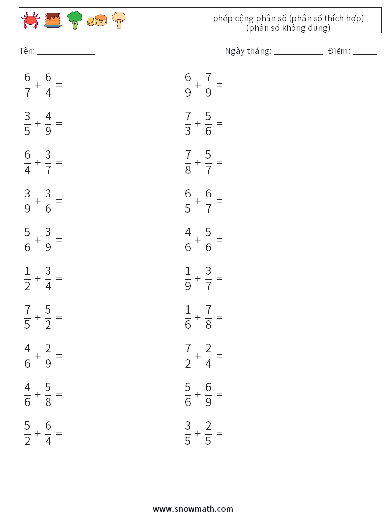 (20) phép cộng phân số (phân số thích hợp) (phân số không đúng) Bảng tính toán học 16