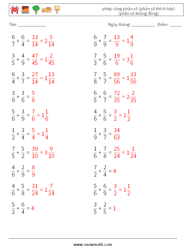 (20) phép cộng phân số (phân số thích hợp) (phân số không đúng) Bảng tính toán học 16 Câu hỏi, câu trả lời
