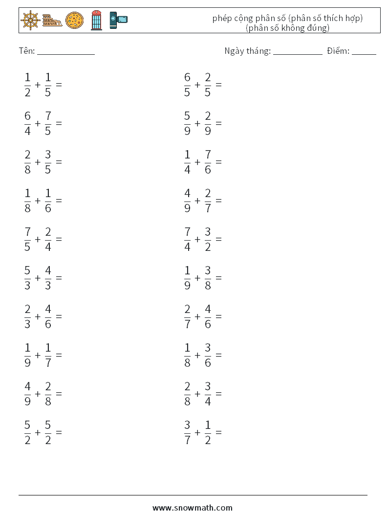 (20) phép cộng phân số (phân số thích hợp) (phân số không đúng) Bảng tính toán học 17