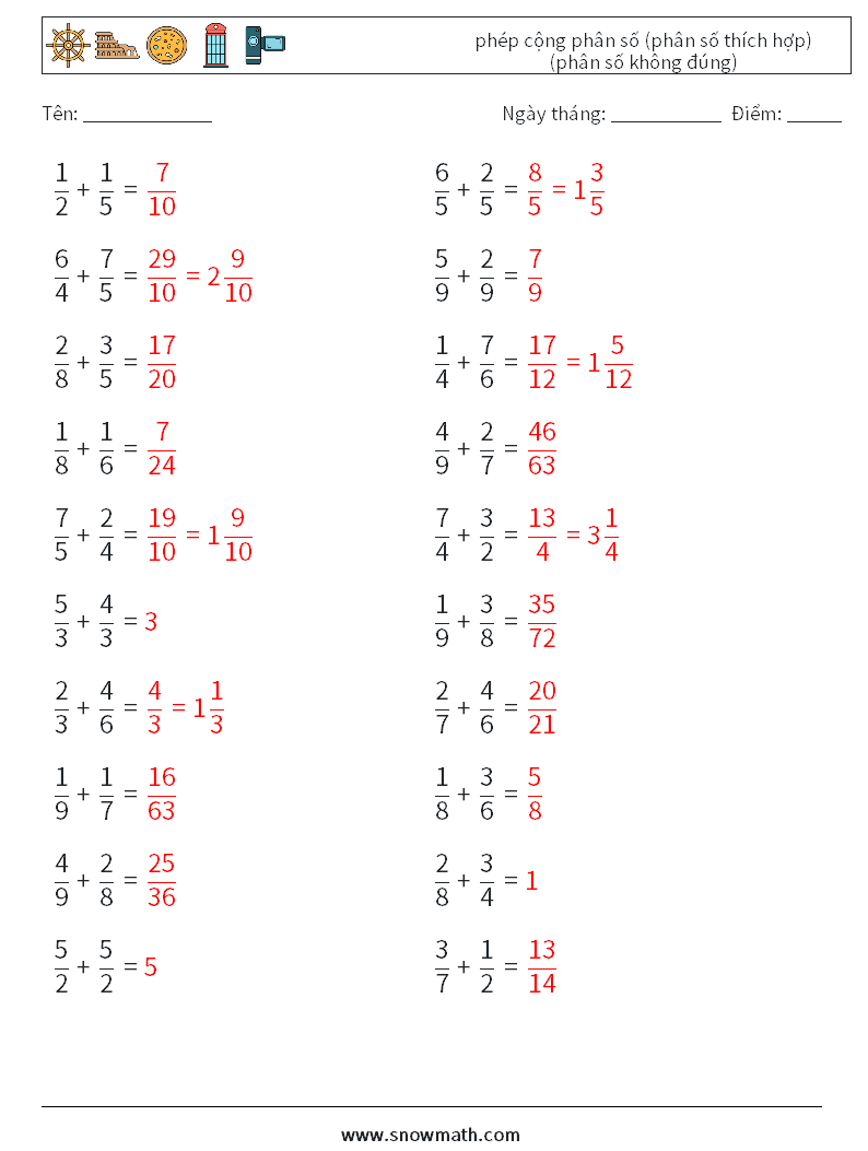 (20) phép cộng phân số (phân số thích hợp) (phân số không đúng) Bảng tính toán học 17 Câu hỏi, câu trả lời