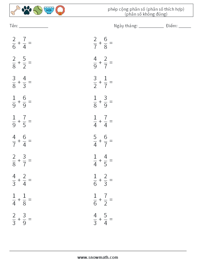 (20) phép cộng phân số (phân số thích hợp) (phân số không đúng) Bảng tính toán học 18