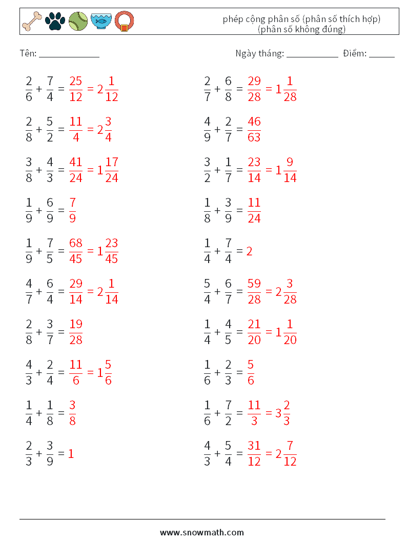 (20) phép cộng phân số (phân số thích hợp) (phân số không đúng) Bảng tính toán học 18 Câu hỏi, câu trả lời