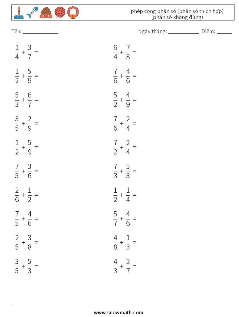 (20) phép cộng phân số (phân số thích hợp) (phân số không đúng) Bảng tính toán học 2