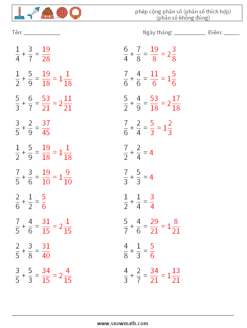 (20) phép cộng phân số (phân số thích hợp) (phân số không đúng) Bảng tính toán học 2 Câu hỏi, câu trả lời