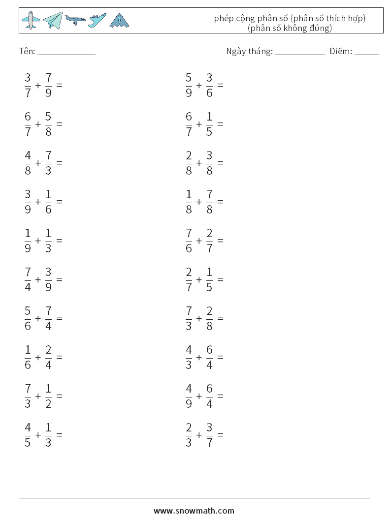 (20) phép cộng phân số (phân số thích hợp) (phân số không đúng) Bảng tính toán học 3