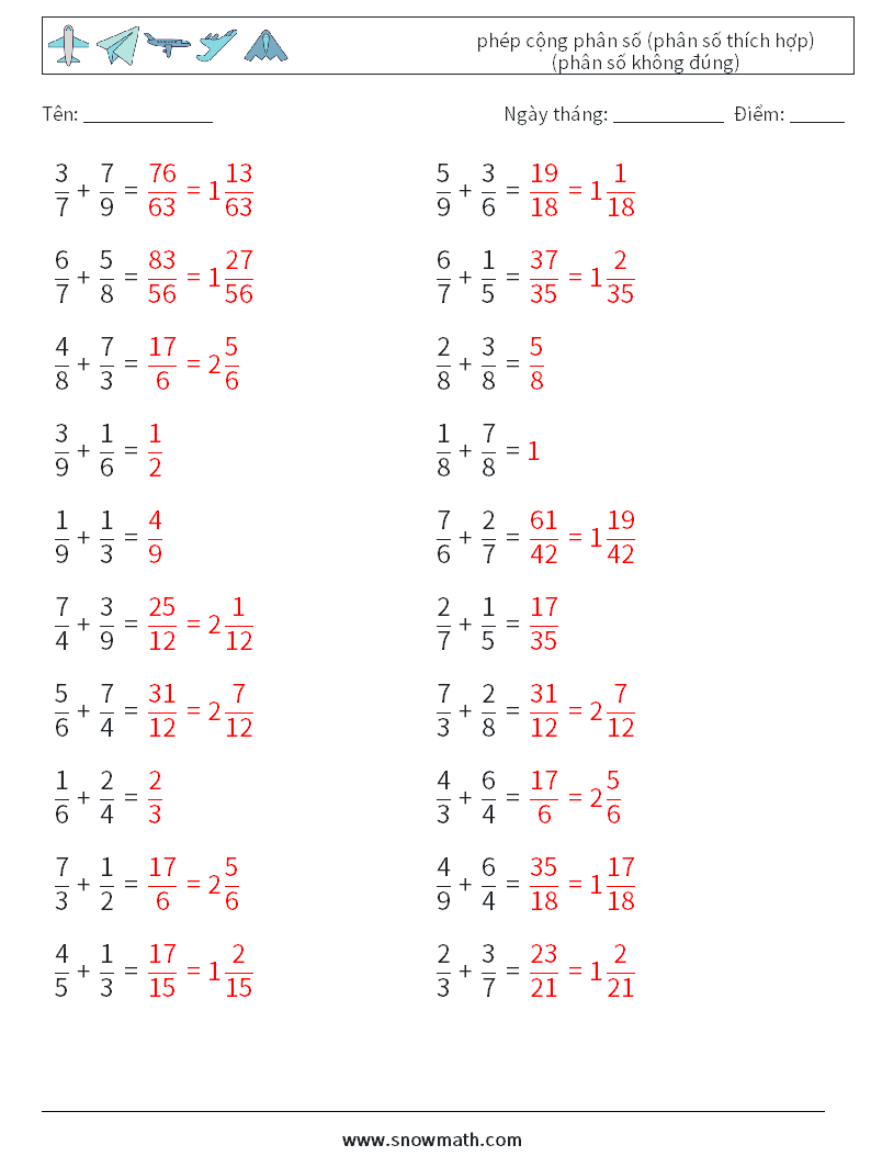 (20) phép cộng phân số (phân số thích hợp) (phân số không đúng) Bảng tính toán học 3 Câu hỏi, câu trả lời