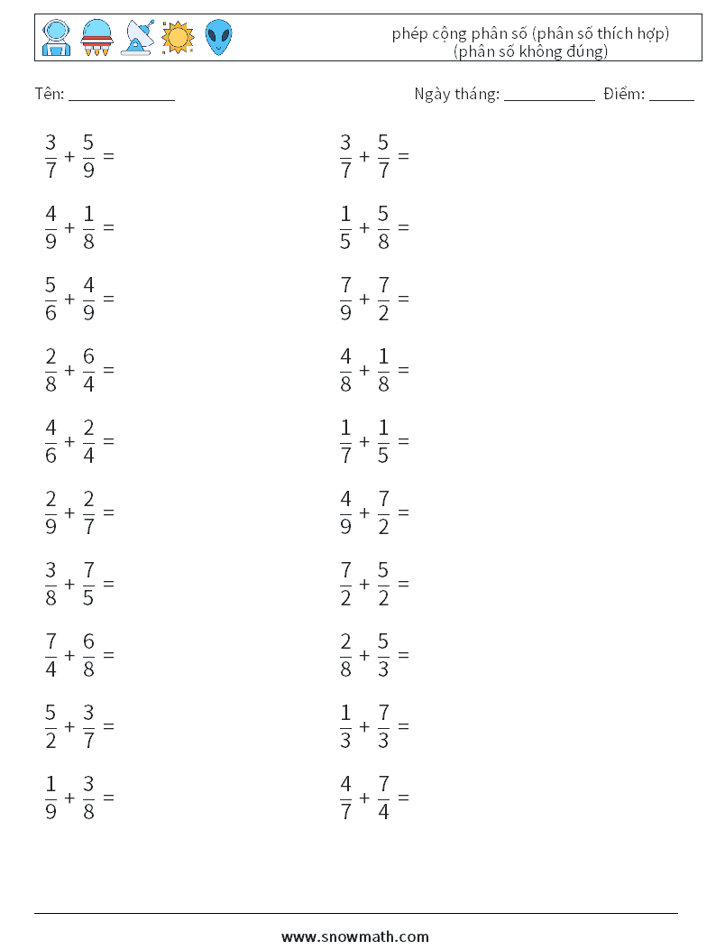 (20) phép cộng phân số (phân số thích hợp) (phân số không đúng) Bảng tính toán học 4