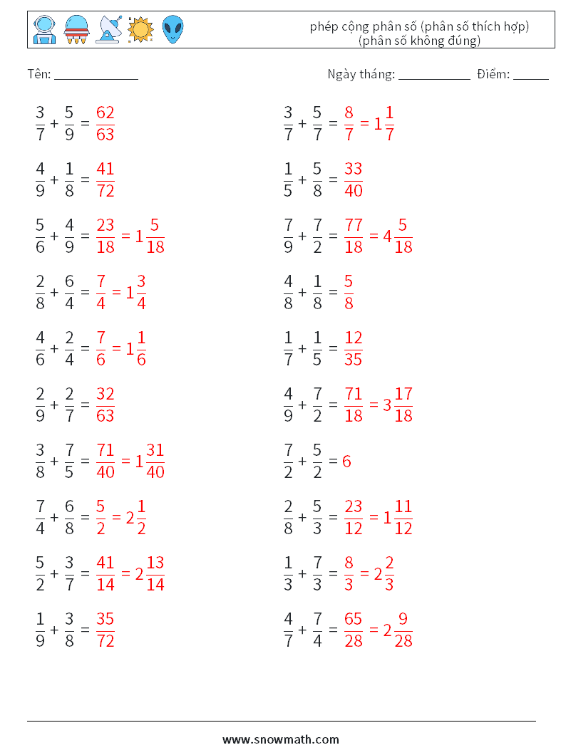 (20) phép cộng phân số (phân số thích hợp) (phân số không đúng) Bảng tính toán học 4 Câu hỏi, câu trả lời