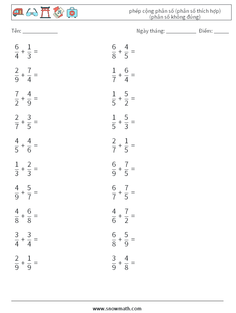 (20) phép cộng phân số (phân số thích hợp) (phân số không đúng) Bảng tính toán học 5