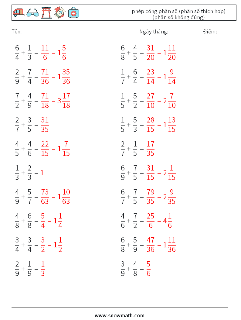 (20) phép cộng phân số (phân số thích hợp) (phân số không đúng) Bảng tính toán học 5 Câu hỏi, câu trả lời