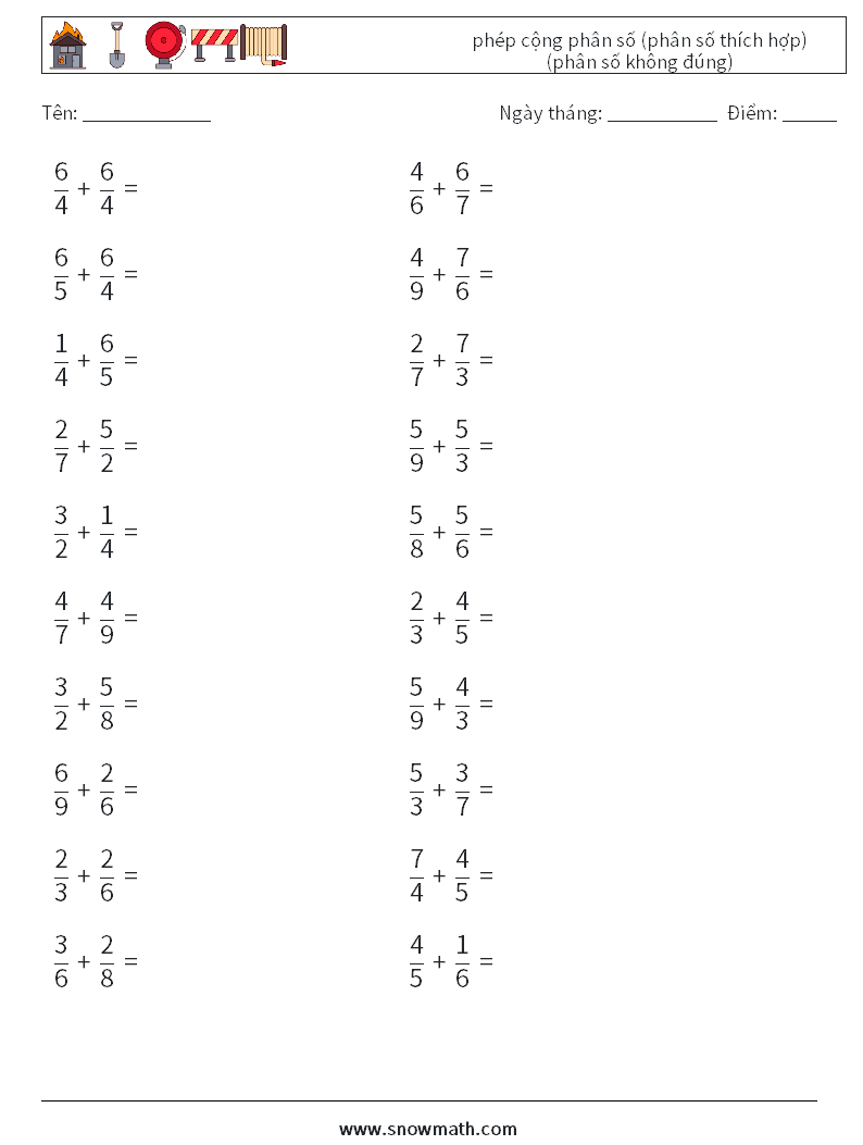 (20) phép cộng phân số (phân số thích hợp) (phân số không đúng) Bảng tính toán học 6