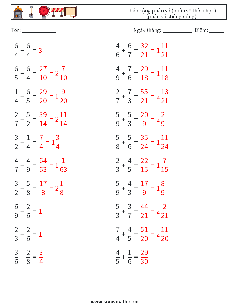 (20) phép cộng phân số (phân số thích hợp) (phân số không đúng) Bảng tính toán học 6 Câu hỏi, câu trả lời