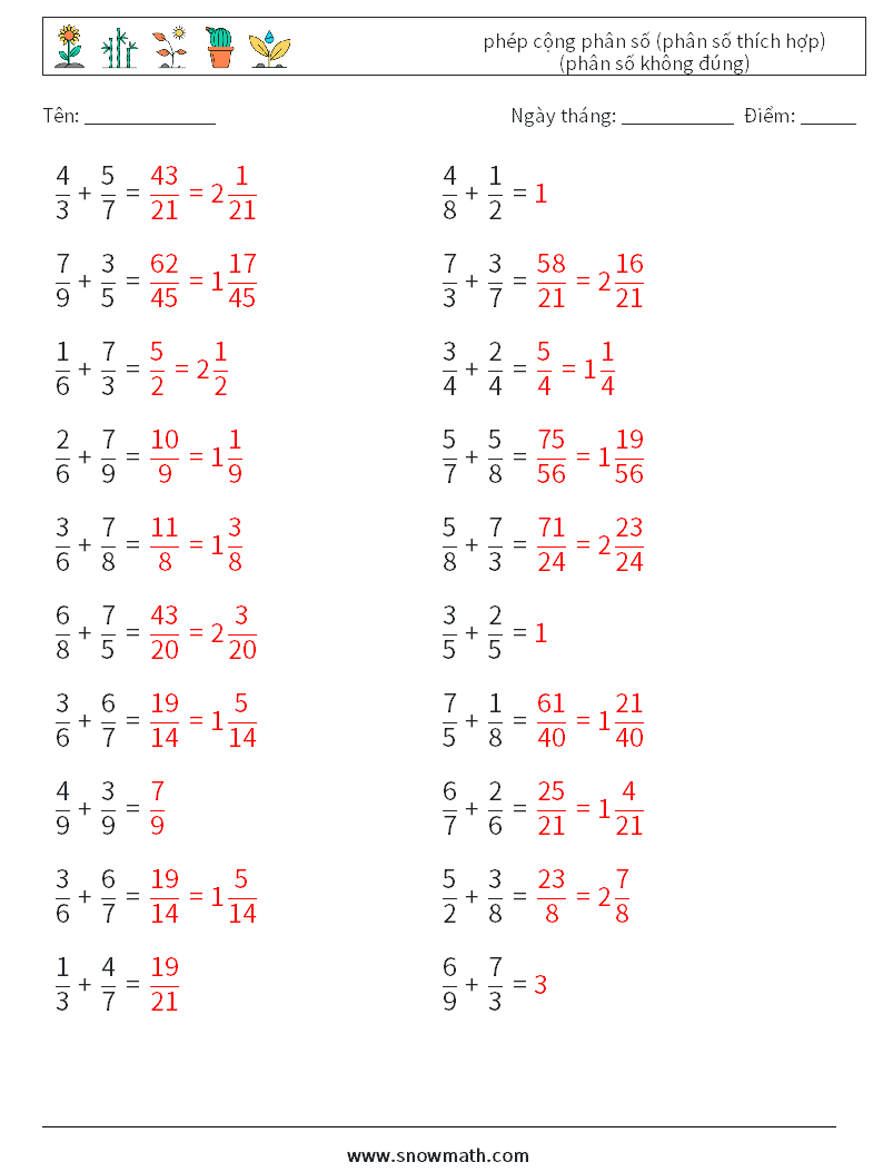 (20) phép cộng phân số (phân số thích hợp) (phân số không đúng) Bảng tính toán học 7 Câu hỏi, câu trả lời