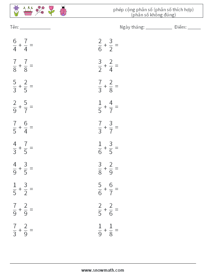 (20) phép cộng phân số (phân số thích hợp) (phân số không đúng) Bảng tính toán học 8