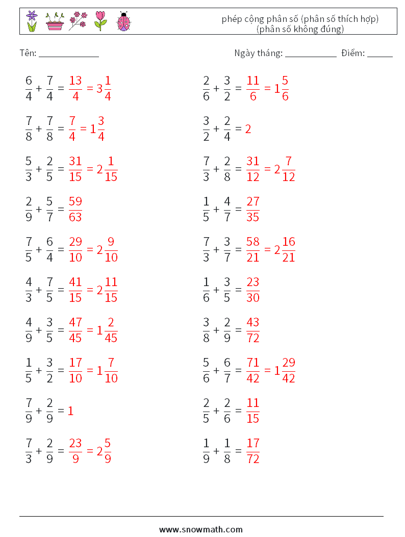 (20) phép cộng phân số (phân số thích hợp) (phân số không đúng) Bảng tính toán học 8 Câu hỏi, câu trả lời
