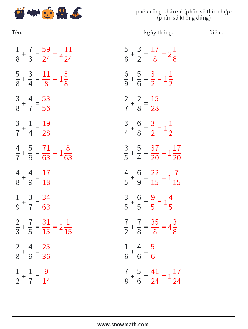 (20) phép cộng phân số (phân số thích hợp) (phân số không đúng) Bảng tính toán học 9 Câu hỏi, câu trả lời