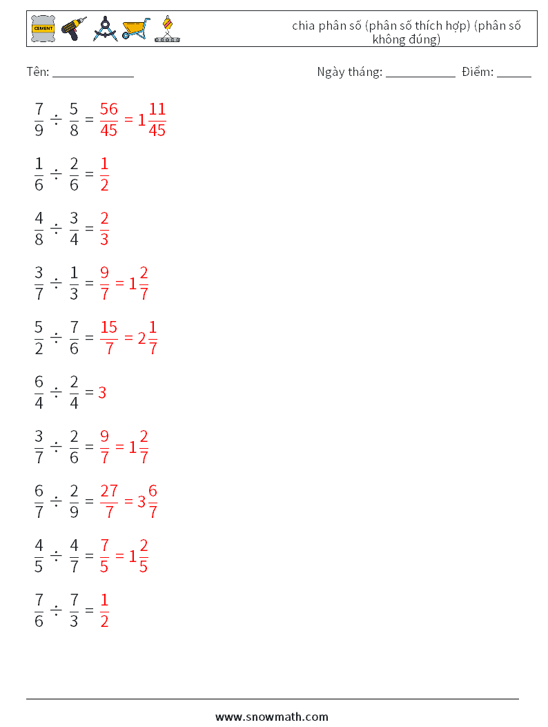(10) chia phân số (phân số thích hợp) (phân số không đúng) Bảng tính toán học 10 Câu hỏi, câu trả lời