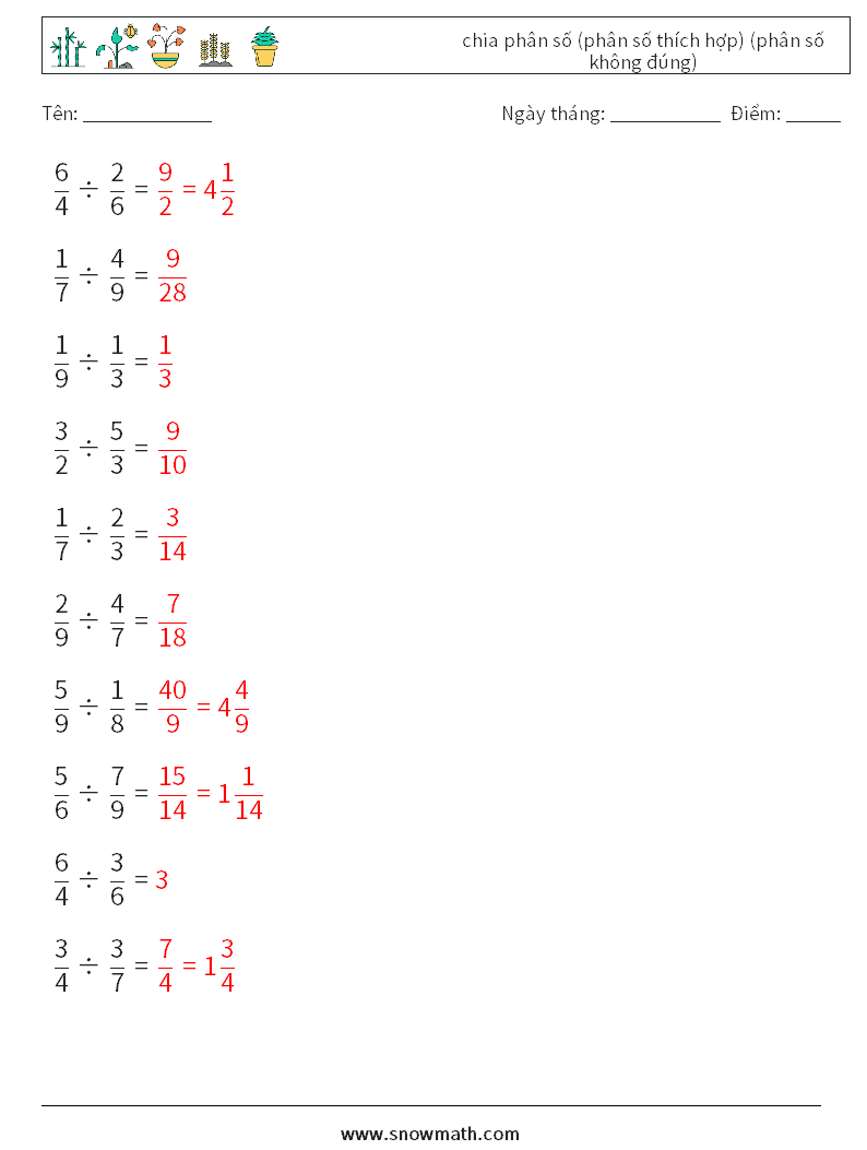 (10) chia phân số (phân số thích hợp) (phân số không đúng) Bảng tính toán học 11 Câu hỏi, câu trả lời