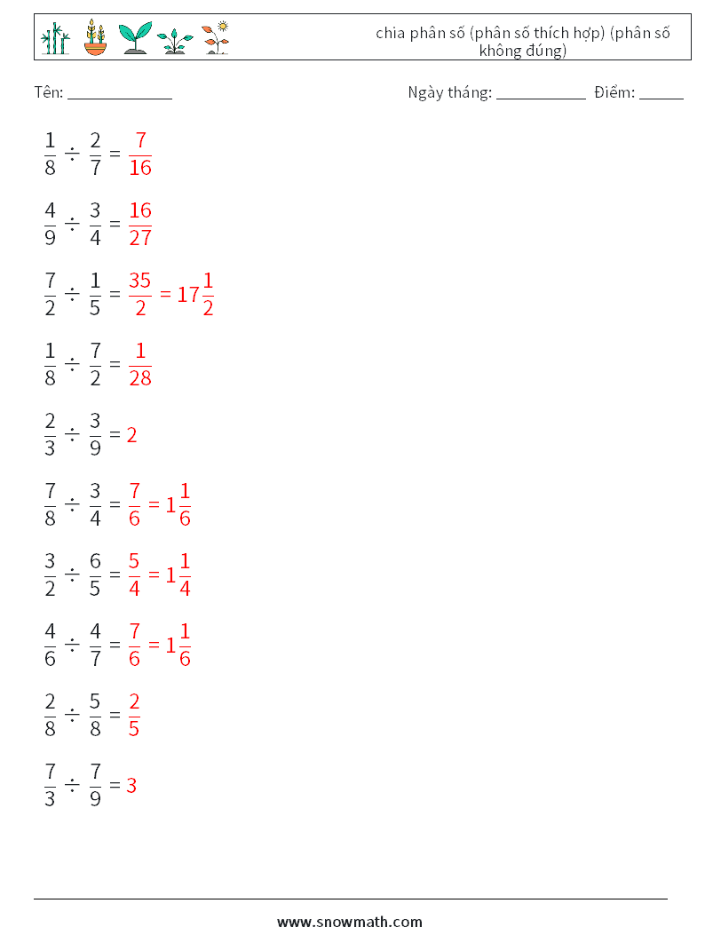 (10) chia phân số (phân số thích hợp) (phân số không đúng) Bảng tính toán học 2 Câu hỏi, câu trả lời