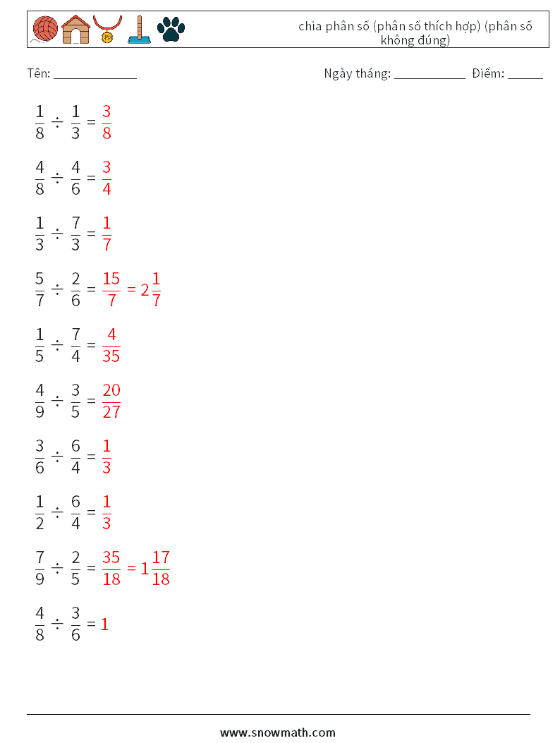 (10) chia phân số (phân số thích hợp) (phân số không đúng) Bảng tính toán học 4 Câu hỏi, câu trả lời