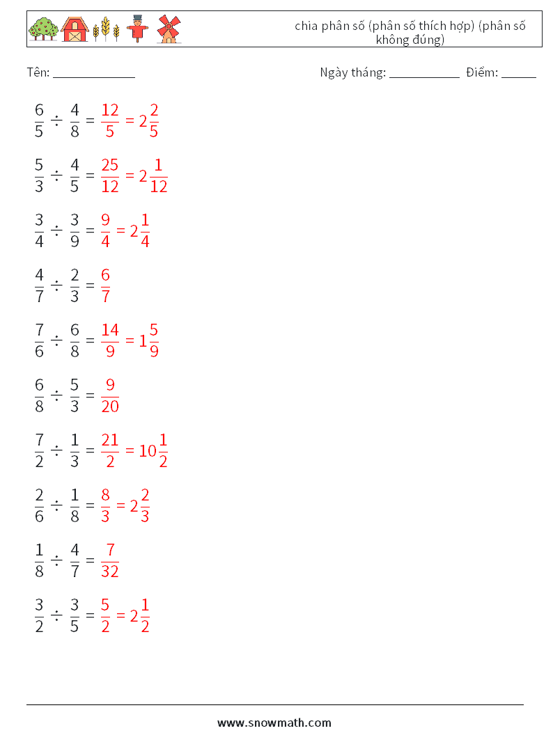 (10) chia phân số (phân số thích hợp) (phân số không đúng) Bảng tính toán học 5 Câu hỏi, câu trả lời