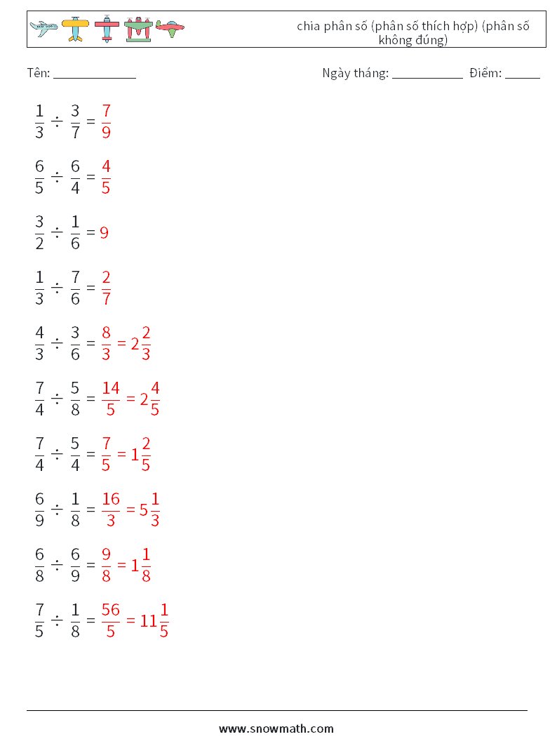 (10) chia phân số (phân số thích hợp) (phân số không đúng) Bảng tính toán học 6 Câu hỏi, câu trả lời