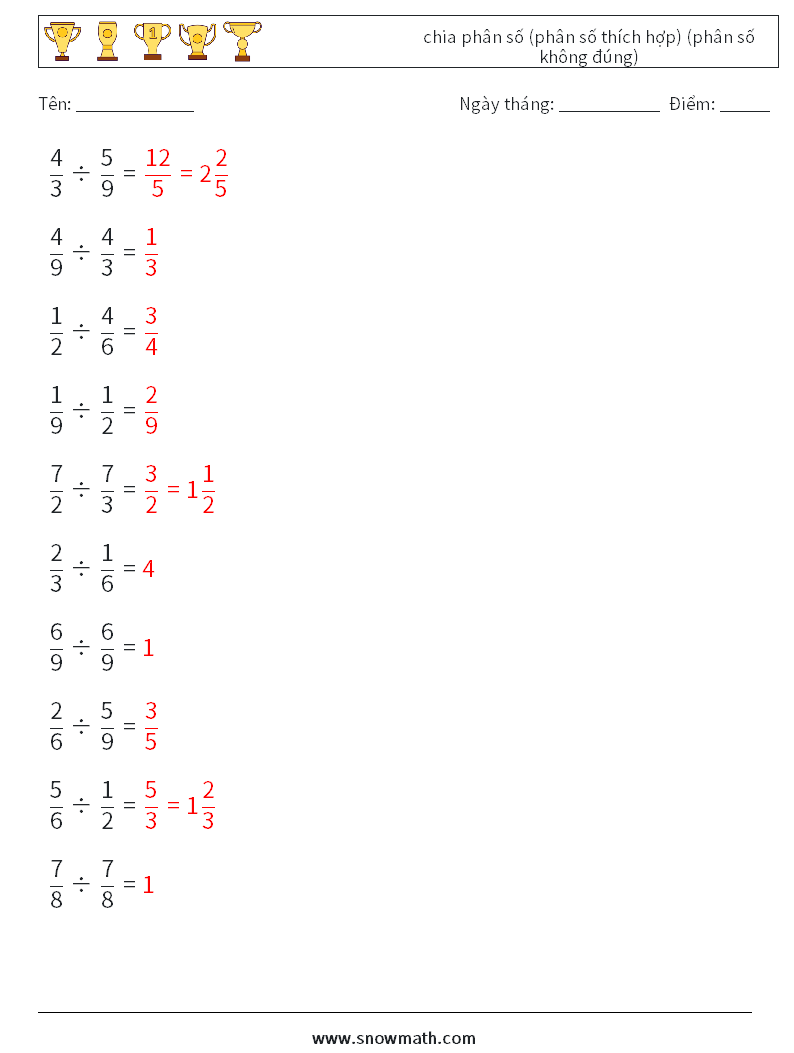 (10) chia phân số (phân số thích hợp) (phân số không đúng) Bảng tính toán học 7 Câu hỏi, câu trả lời